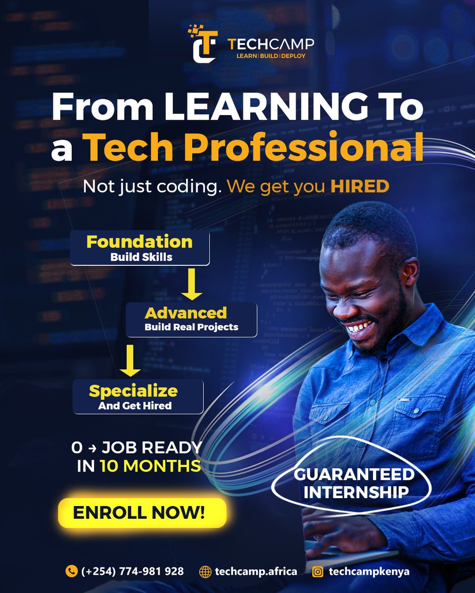 techcampkenya's tweet photo. From Learning to a Guaranteed Internship in Software Development 🚀

It’s more than just coding — it’s a clear path to becoming a Tech Professional.

Build your foundation, work on real projects, specialize, and secure a guaranteed internship as you step confidently into the industry.

💡 0 → Job Ready in 10 Months
💼 Guaranteed Internship
📍 Learn. Build. Deploy.

Your tech journey starts now.

👉 Enroll today via the link https://t.co/KLRtsq6Rdj

📲 For inquiries, DM us or WhatsApp (+254) 774-981-928

#TechCampKenya #LearnBuildDeploy #SoftwareDevelopment #TechCareers #CodingJourney