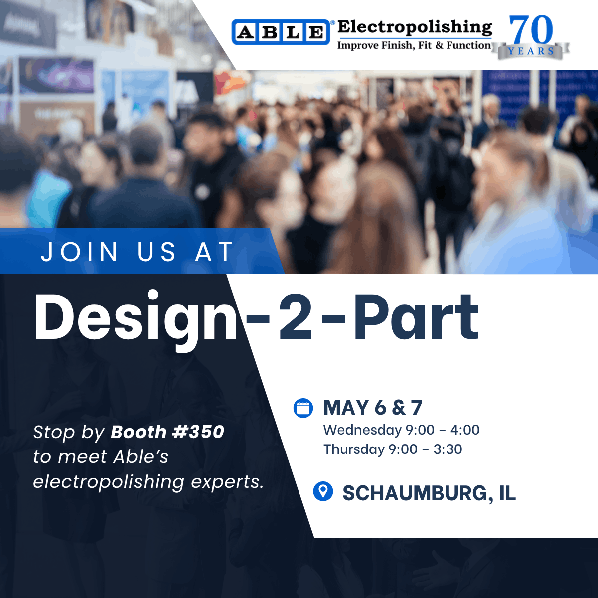 able_ep's tweet photo. Join Able Electropolishing at Design-2-Part in Schaumburg, IL, May 6–7. Visit Booth #350 to meet our team and explore how electropolishing can elevate your parts and performance. https://t.co/Q4REnOi4TQ
