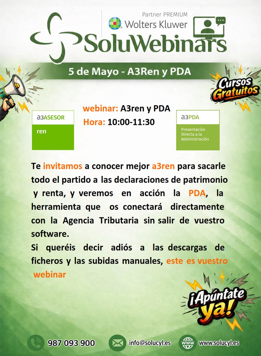 Solucylct's tweet image. 👉 ¿Listo para optimizar tus declaraciones de renta?

📅 5 de mayo
🕙 10:00 - 11:30
💻 Webinar GRATIS: A3Ren y PDA
Conecta con la Agencia Tributaria sin complicaciones y olvídate de procesos manuales 🚀
👉 ¡Apúntate ya! #Webinar #Asesoría #Renta