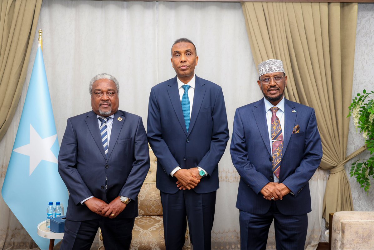 HamzaAbdiBarre's tweet image. Received Kenya’s Ambassador to Somalia, Amb. Cyprian Kubai Iringo, together with Deputy Ambassador, Hon. Elias Bare Shill, for a forward-looking exchange on Somalia–Kenya cooperation. Our discussions focused on deepening collaboration across key areas, including security and