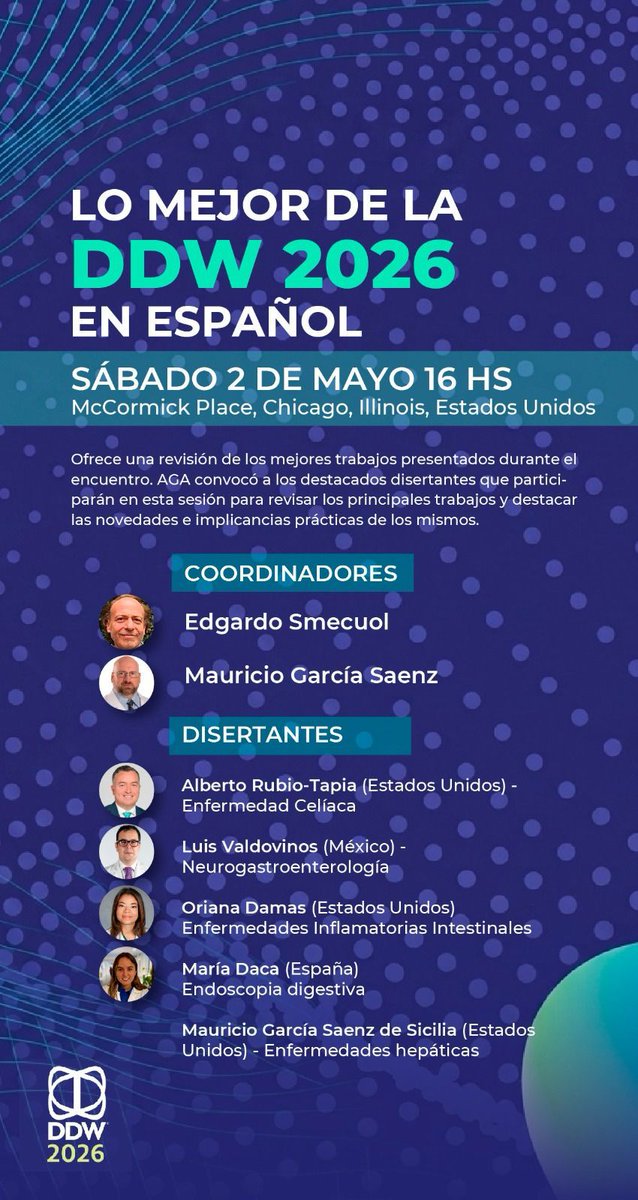 motilidad's tweet photo. 🌐 Lo mejor de la DDW 2026 en español

La AMNM te invita a esta sesión con los avances más relevantes en gastroenterología, incluyendo temas clave en neurogastroenterología y motilidad.

🗓️ Sábado 2 de mayo
⏰ 16:00 h

Actualízate con expertos internacionales.

@DDWMeeting 

#AMNM #Neurogastroenterología #Motilidad #DDW2026 #EducaciónMédicaContinua