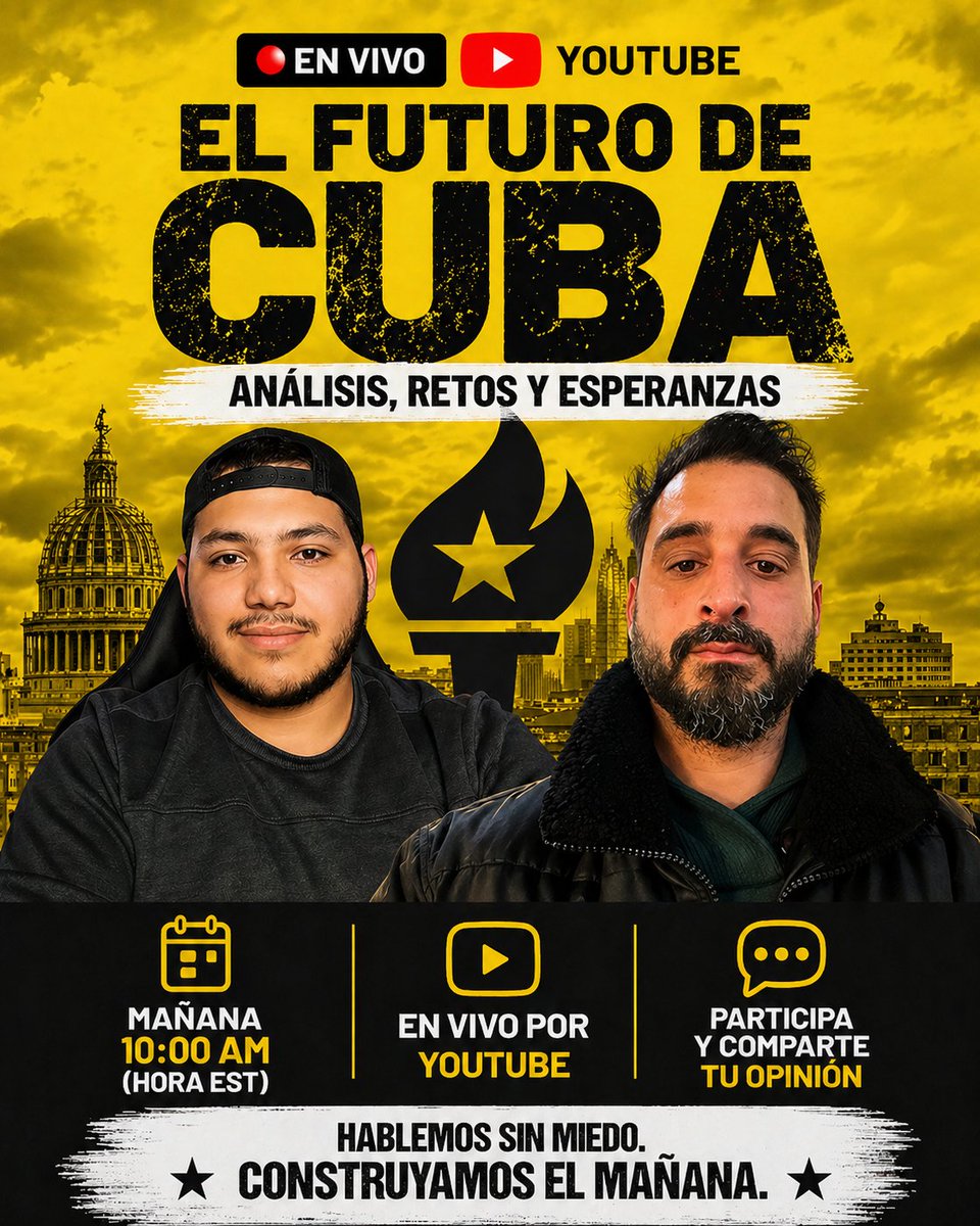 Mañana a las 10:00 AM (EST) me acompaña Wilmer Toledo en una transmisión en vivo fundamental: El Futuro de Cuba. Vamos a conversar sobre los retos actuales y las esperanzas de cambio.

​📺 Únete al directo aquí: [youtube.com/@libertarianvl…]
💬 Prepara tus preguntas y comentarios,