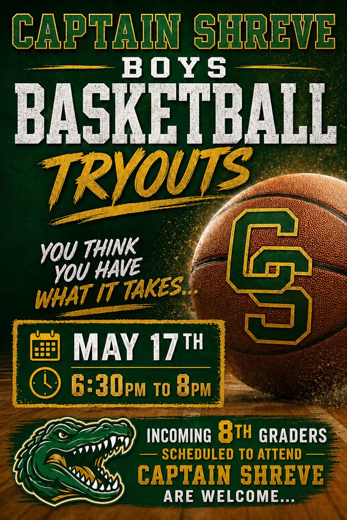CSHSGators's tweet photo. You Think You Have What It Takes? Come to Captain Shreve to show us. We welcome you to join us on May 17th for our official tryout out. 

Sign up starts at 6pm. BE ON TIME!! 

#WEALLWEGOT
#WEALLWENEED
🐊💚💛💚💛🐊 https://t.co/pXuLqG7JtH