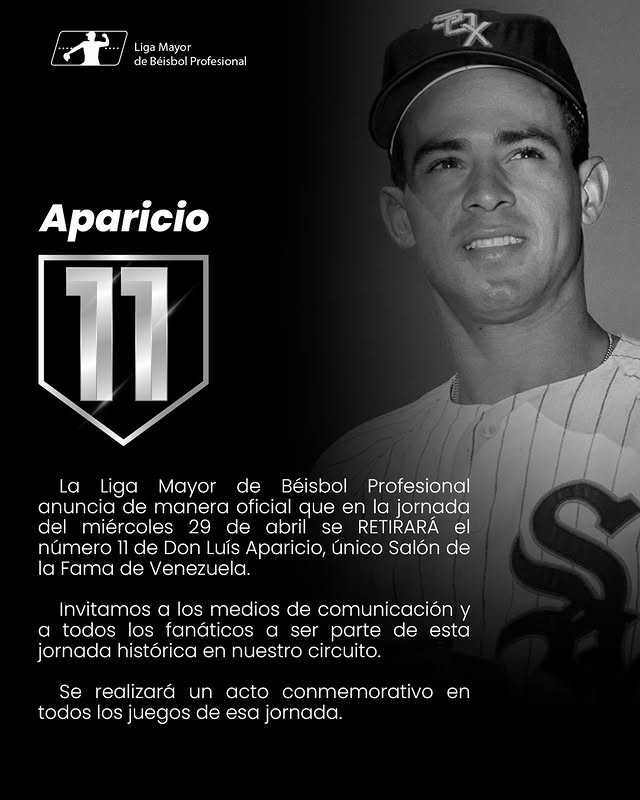 webnotitarde's tweet photo. #Deportes | ⚾👏 La Liga Mayor de Béisbol Profesional (LMBP) informó que este #29Abr retirará el número 11 y rendirá homenaje al gran Luis Aparicio Montiel, único venezolano exaltado al Salón de la Fama de Cooperstown, en el marco de su cumpleaños 92. 

📸: lmbp_ve https://t.co/CDNhGHcURd