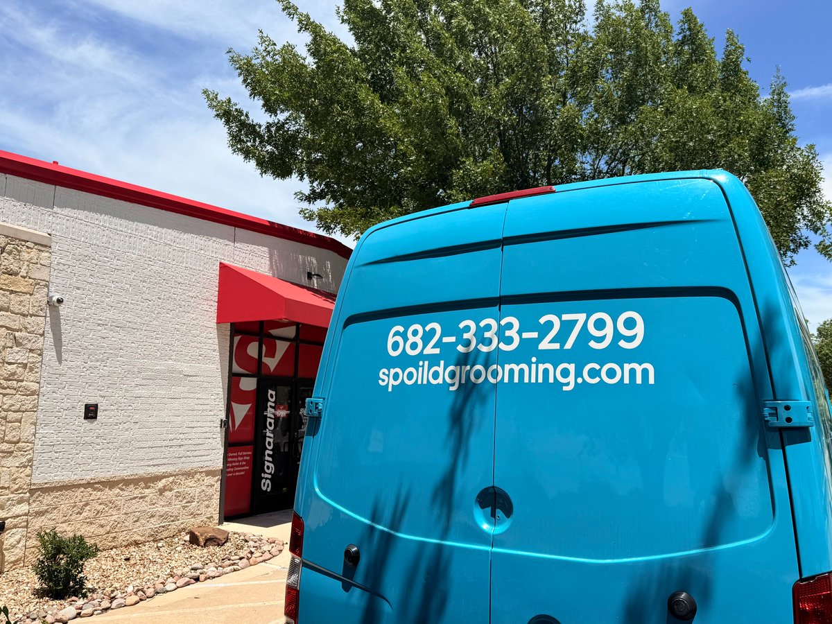 SignaramaNFW's tweet photo. 🚐✨ Spoiled Grooming just leveled up their mobile marketing with a stunning vehicle wrap by Signarama North Fort Worth/Keller!  Want to advertise on the go? Let’s wrap your brand in success. 🚗💼
#VehicleWrap #SmallBusinessMarketing  #SignaramaKeller #MobileAdvertising https://t.co/52e6pHAdIC