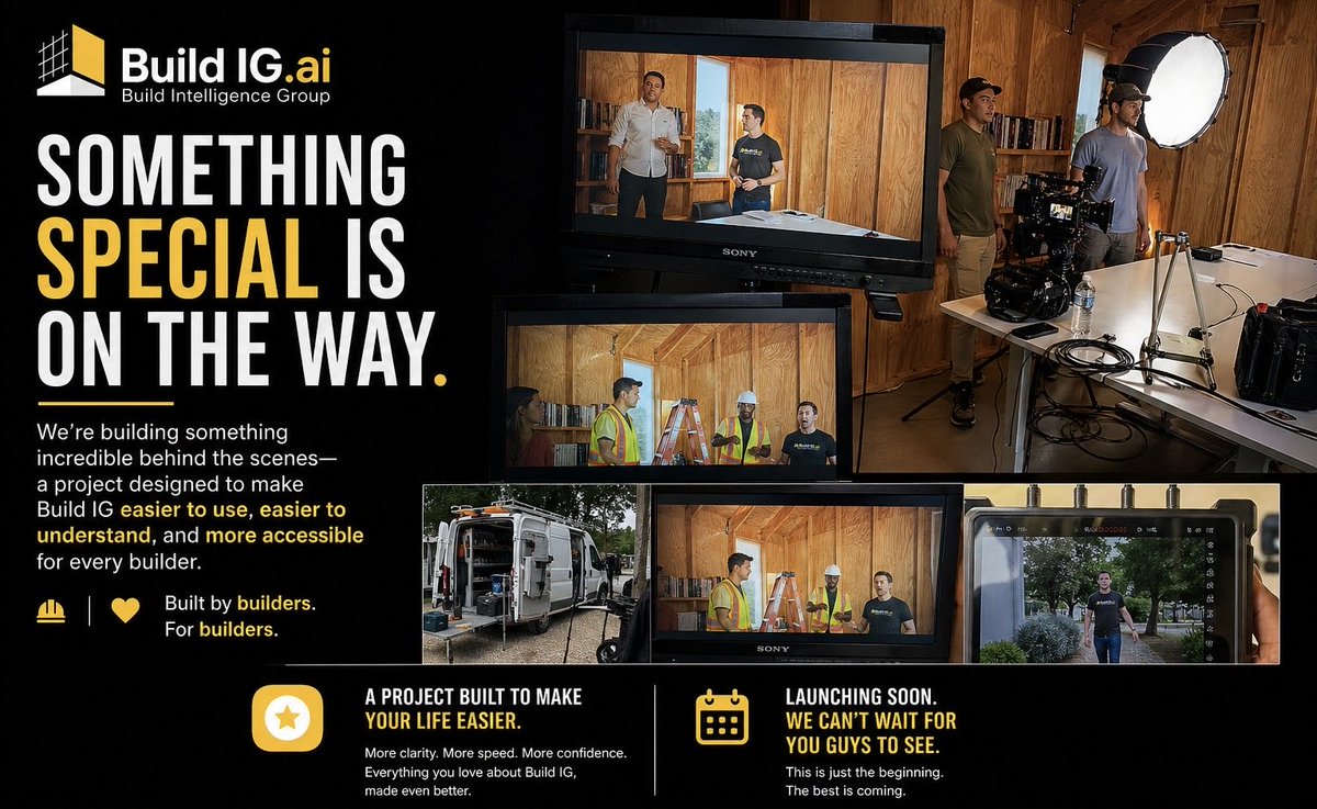 build_IG's tweet photo. BTS from yesterday. 🎬

With our rebrand, we looked for every opportunity to better support our builders—and this is one of them.

We partnered with CineSalon  to create something special…
a project built to help us connect more directly with our customers and deliver the absolute best experience possible.

This is just the beginning.

#construction #generalcontractor #constructiontech #contech #SaaS #rebrand #behindthescenes #buildinpublic #AIinconstruction #innovation