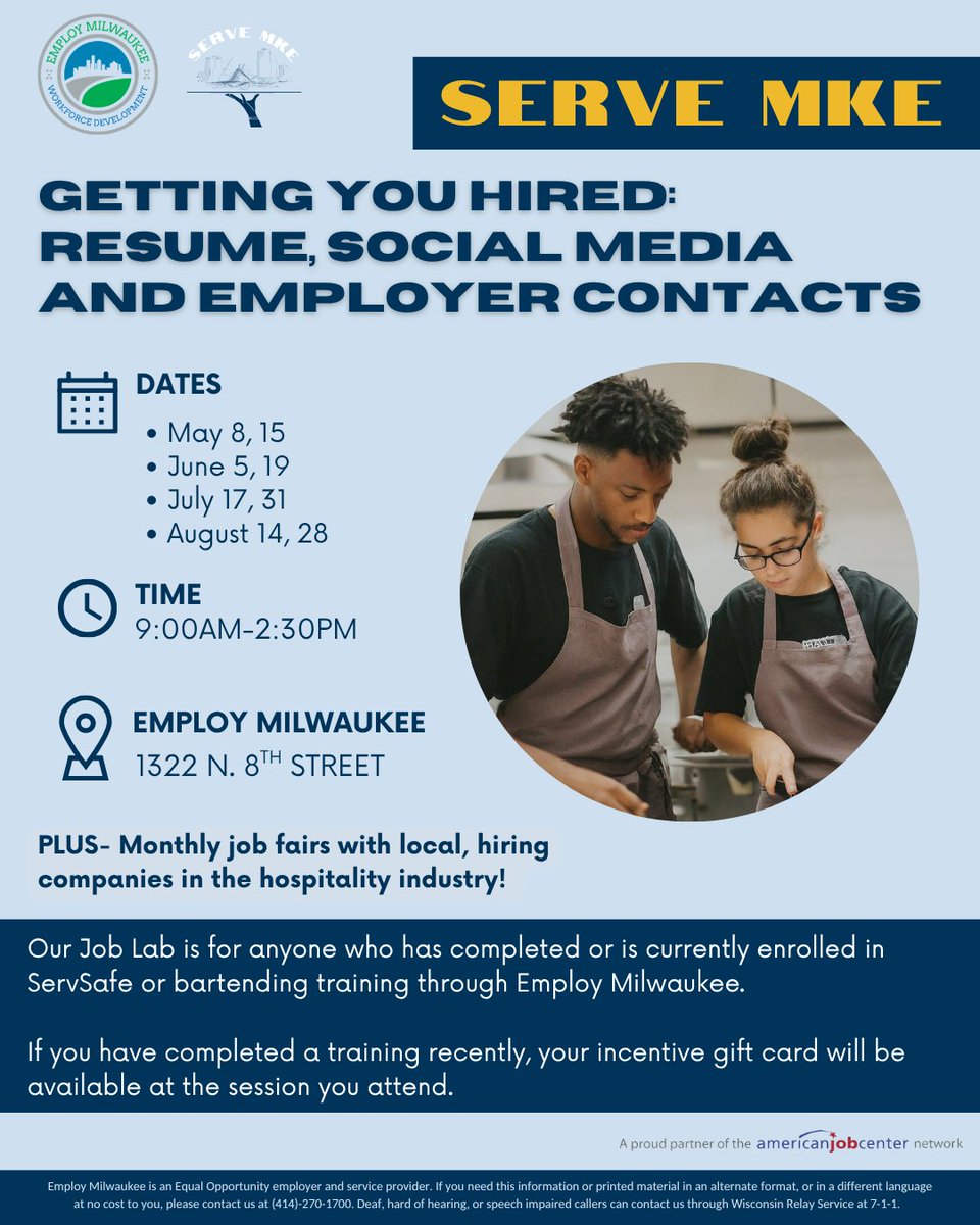 EmployMilwaukee's tweet image. Are you a Serve MKE student or alumni? Our new Job Lab focuses on getting you hired through resume, social media, and employer contact training. Interested? Register now: 🔗employmke.wufoo.com/forms/moaxqa31… 
#servemke #milwaukee #hospitality #bartending #joblab