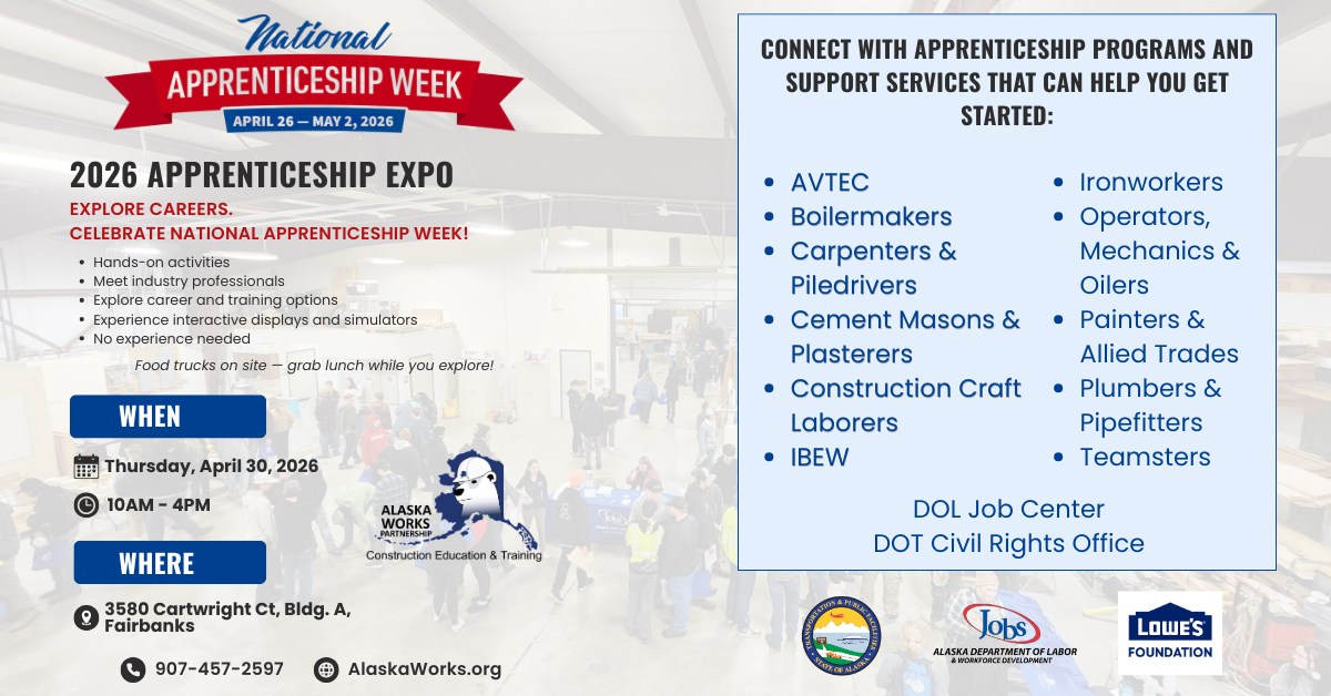 DoyonFoundation's tweet photo. 🌟Happy Workforce Wednesday! 🌟

It's National Apprenticeship Week! Join Alaska Works Partnership-Fairbanks tomorrow from 10am-4pm to learn about the many pathways to success through apprenticeship. https://t.co/sFtLRqFqvb