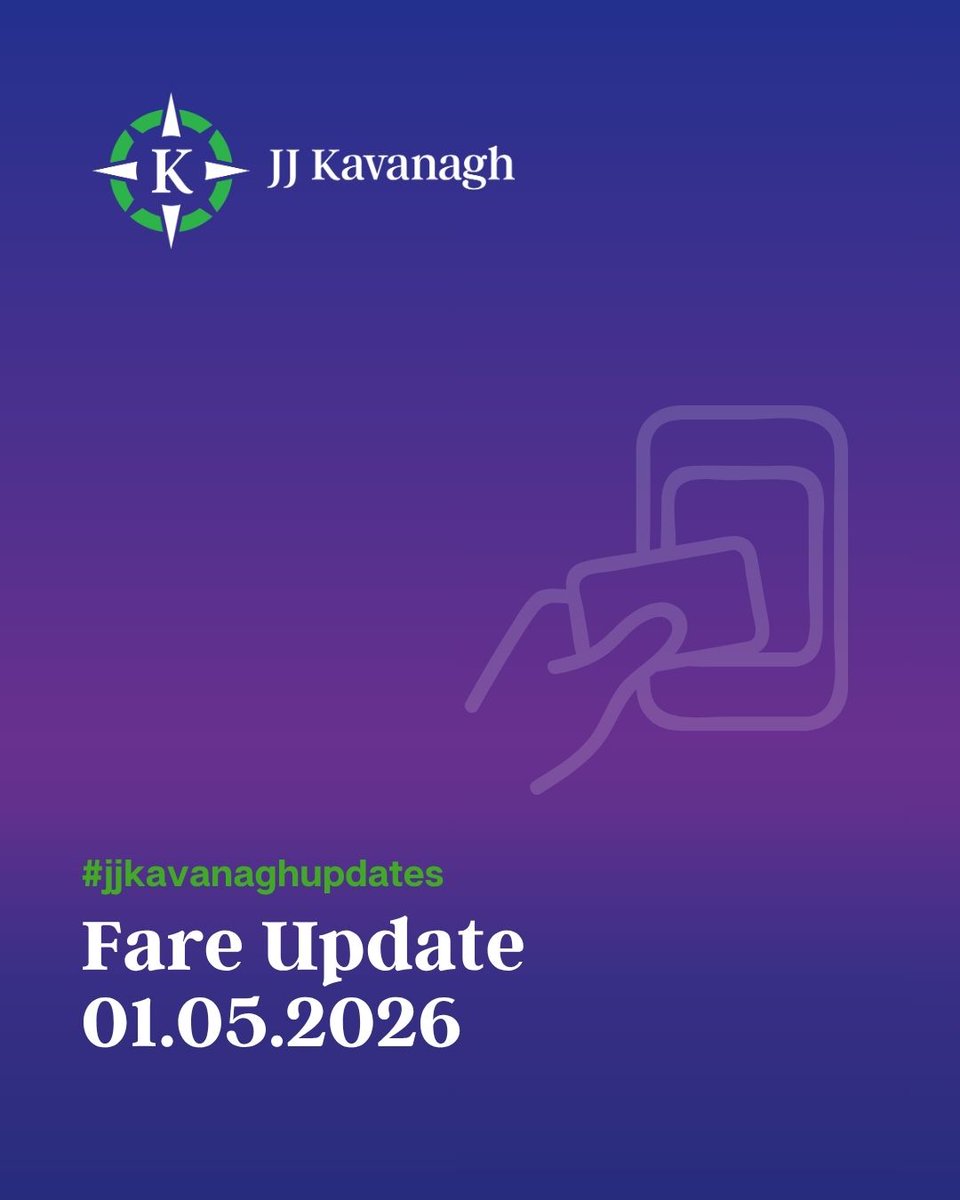 JJKavanaghBuses's tweet photo. Please be aware, that fare adjustments will be in place from 1st May 2026.

Book before then and pay today’s prices — even for travel later in the year.

For full details on the changes, visit:
https://t.co/Xc580aVRLd

#JJKavanagh #FareUpdate #BookOnline #StudentTravel https://t.co/cH167h2ZfI