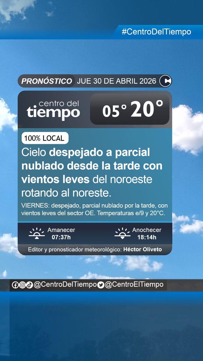 centroeltiempo's tweet image. Nuestra previsión meteorológica 100% local para mañana jueves 30 de abril y un adelanto para el viernes 1ro de mayo, día del trabajador, acá:
🕗Emisión 29/04/26 19:15 h
⚠️Válido para el área triciudad de #Azul, #Olavarría y #Tandil en el centro de la #ProvinciaDeBsAs.