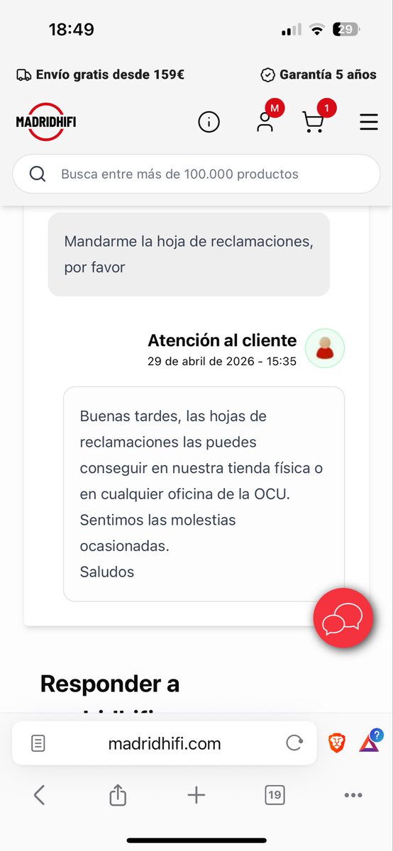 choco_drug's tweet photo. Buenas tardes @ComunidadMadrid , llevo 3 días intentando conseguir una hoja de reclamaciones de @MadridHiFi por un problema en una compra por su web y se niegan a mandármela, eso como se puede reclamar? @MSocialGob estás prácticas son legales? Borraron las conversaciones también https://t.co/oGDkkEgPdF
