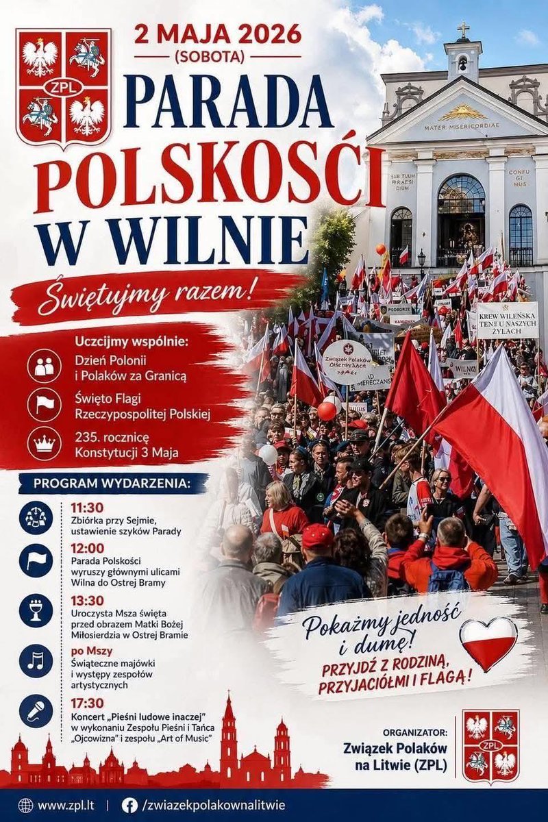 Już 2 maja ulicami Wilna przejdzie Parada Polskości! 🇵🇱 Bądźmy tam i wspólnie pod biało-czerwonymi barwami świętujmy z naszymi Rodakami! 🇵🇱 Na kanale YouTube Stowarzyszenia "Wspólnota i Pamięć" będzie dostępna transmisja na żywo z tego wyjątkowego wydarzenia! 🇵🇱