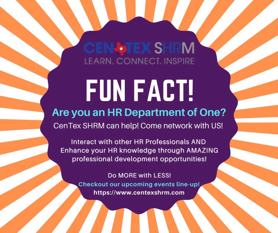 CentexShrm's tweet photo. Are you an HR department of one? Connect with us, we can help!

 #networking #shrm #hr #humanresources https://t.co/0908GQSk7P