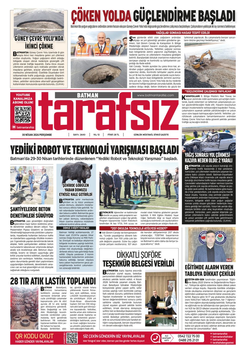 GztTarafsiz's tweet image. BATMAN TARAFSIZ HABER GAZETESİ
30 NİSAN 2026 PERŞEMBE GÜNDEMİ
batmantarafsiz.com
#Batman #Tarafsızhabergazetesi #Tarafsızhaber #sondakika #gündem #Haber #haberler #olay #gazete