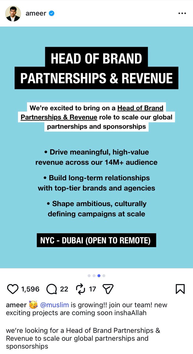 rasmalaaii's tweet photo. The so called '@Muslim' account who uses Palestine and Sudan for engagement is advertising jobs in Dubai.

Ironic how they claim to care about 'muslim' issues, whilst moving business operations to the UAE who are accused of fueling war in Sudan and normalising ties with Israel. https://t.co/s3zt0cT869