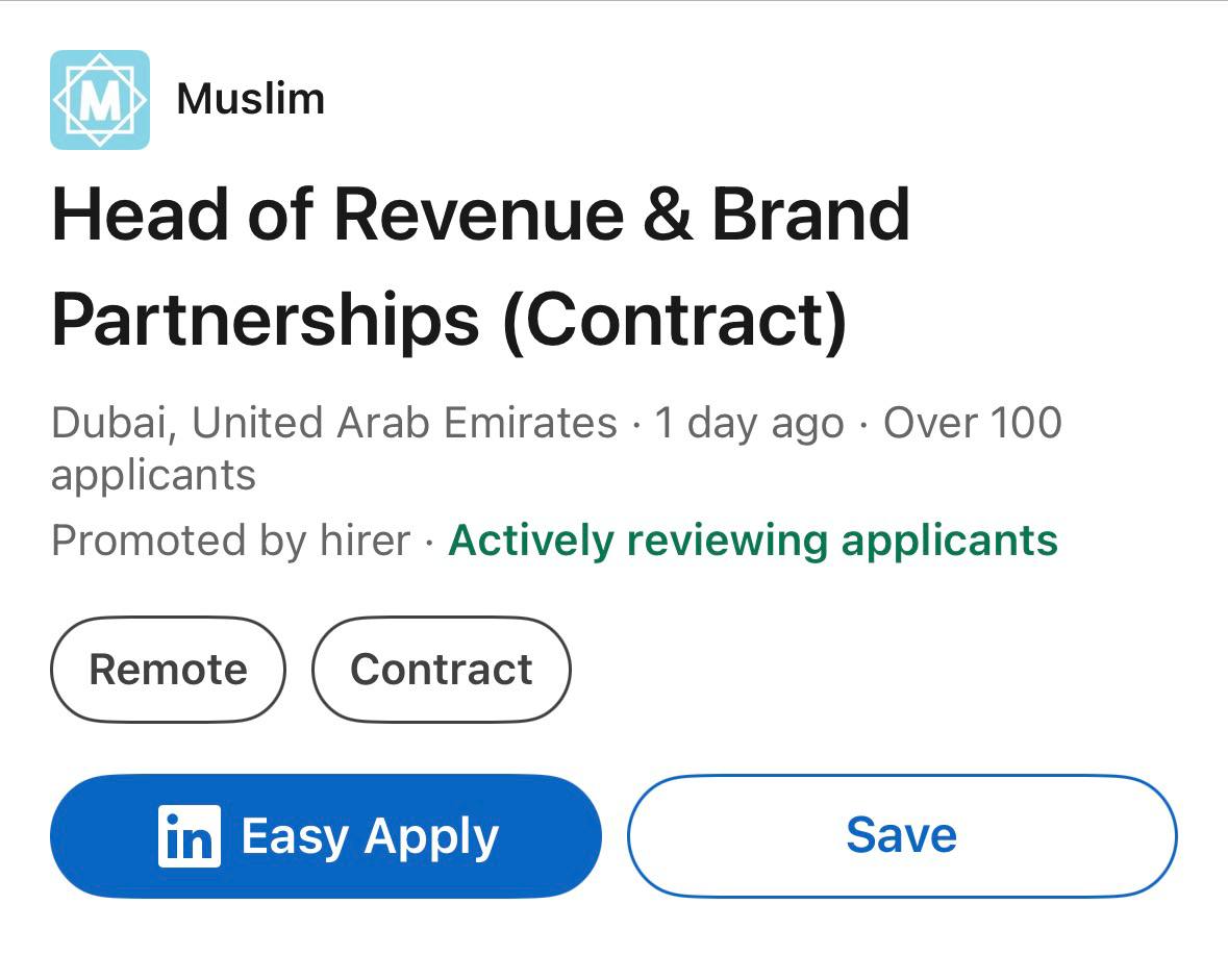 rasmalaaii's tweet photo. The so called '@Muslim' account who uses Palestine and Sudan for engagement is advertising jobs in Dubai.

Ironic how they claim to care about 'muslim' issues, whilst moving business operations to the UAE who are accused of fueling war in Sudan and normalising ties with Israel. https://t.co/s3zt0cT869