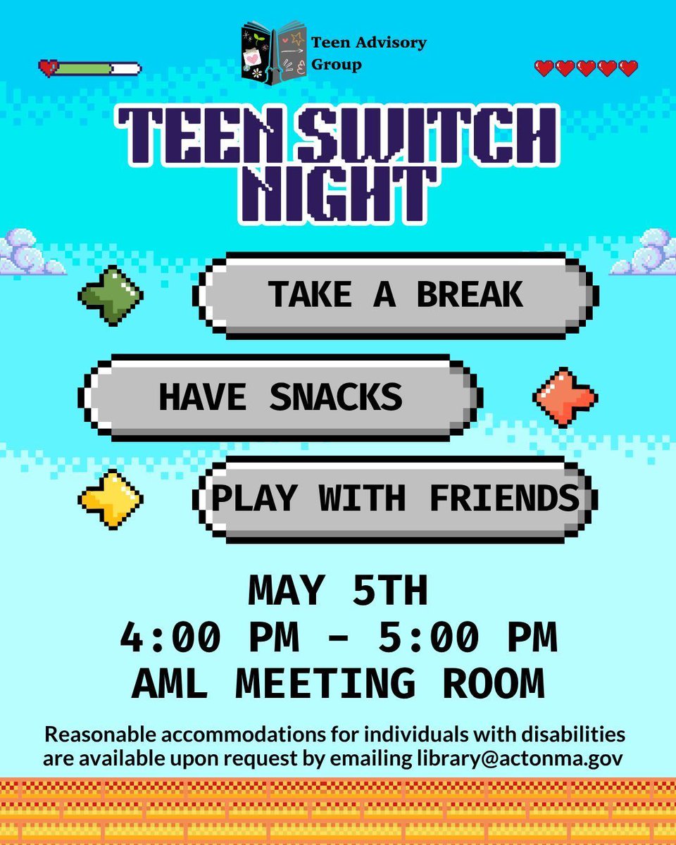 ActonMemLibrary's tweet image. Teens, on May 5th, come play Switch Games and have pizza at the library! You can play ours or bring your own. Reasonable accommodations for individuals with disabilities can be made upon request by emailing library@actonma.gov. #AML #ActonMA #LibraryEvents