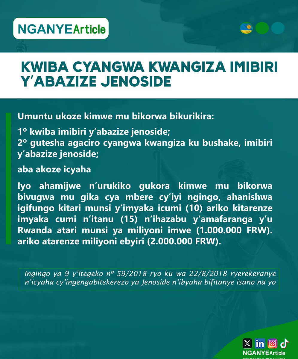 NganyeA65619's tweet image. KWIBA CYANGWA KWANGIZA IMIBIRI Y’ABAZIZE JENOSIDE / STEALING OR DESTROYING BODIES OF THE VICTIMS OF GENOCIDE

#nganyearticle #rwanda #amategeko