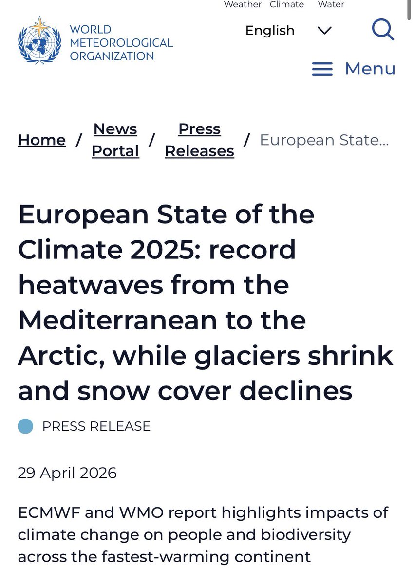 ShahriyarGourgi's tweet image. Somber report on #climatechange affecting 🇪🇺Europe. One example: river flows were below average for 11 months of the year across #Europe, with 70% of rivers seeing below-average annual flows.

Read @WMO the European State of #Climate: #ESOTC2025 

wmo.int/news/media-cen…