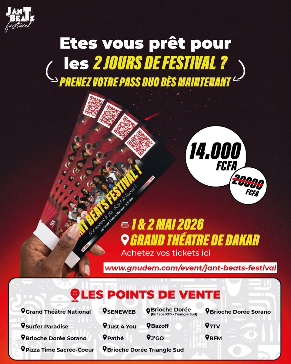 JantBeats's tweet photo. Vous savez que les Pass Duo sont déjà disponibles ? 🤔🔥
Profitez des 2 jours de concerts pour seulement 14 000 FCFA au lieu de 20 000 FCFA 🥳
🏃‍♂️ Dépêche-toi de prendre le tien sur :  https://t.co/efSqrdxpVv ou dans nos points de vente officiels 📍 😉 https://t.co/Gc8qSQtz8x