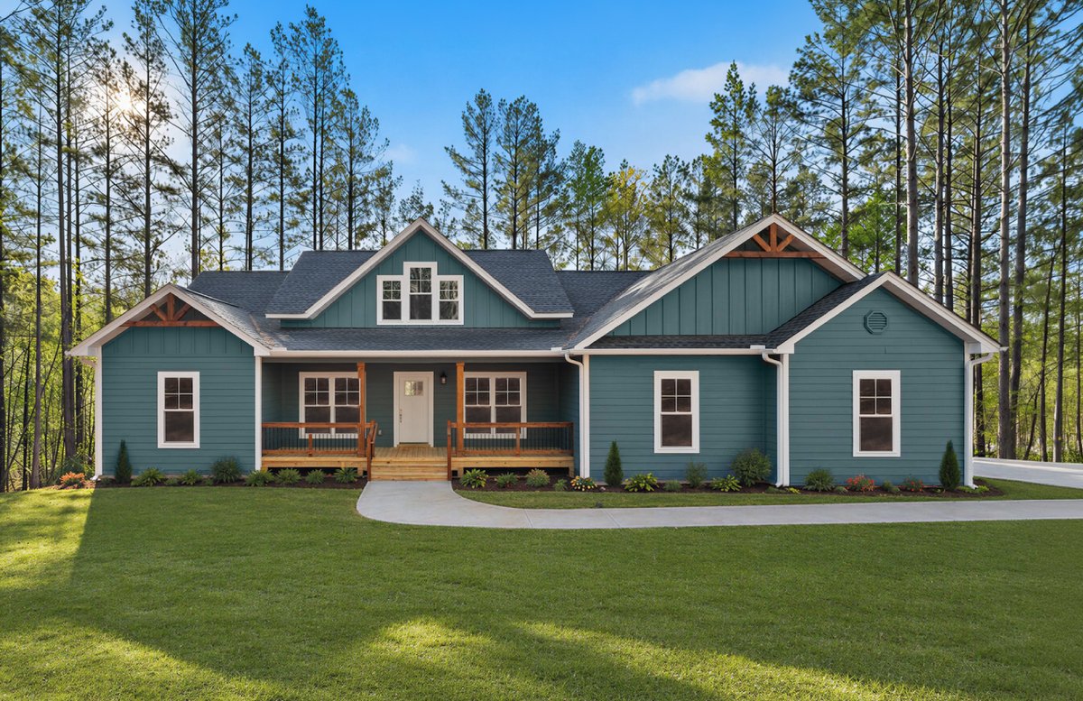 thehomeplace's tweet image. Mediterranean Blue SW 7617. Cedar gable accents. A fire pit deck in the pines. This Oxford MFH in Anderson, SC is 3 bed · 2 bath · 2,094 sq ft of yes 🏡 #CustomHome #SherwinWilliams #AmericasHomePlace #SC #NewConstruction