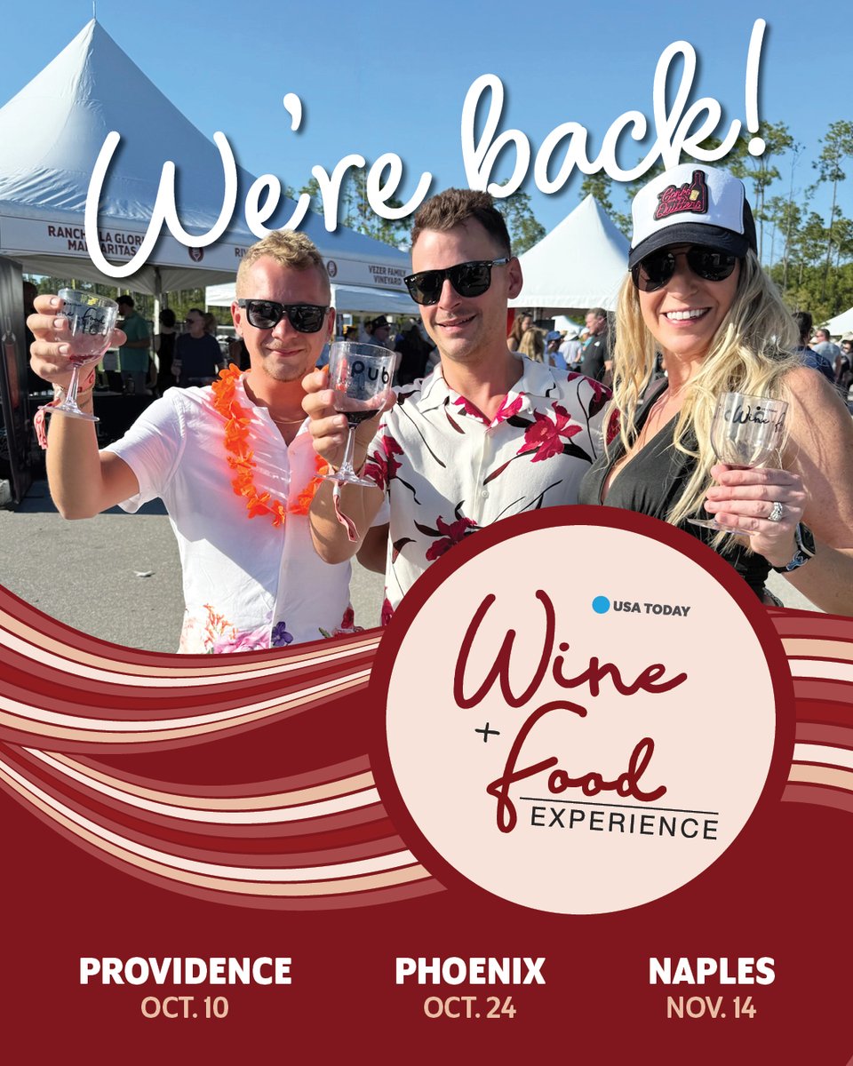 USATWFE's tweet photo. The wait is over 😎
Join us for the 2026 USA TODAY Wine &amp; Food Experience! 🍷🍴

📅 𝐂𝐢𝐭𝐢𝐞𝐬 &amp; 𝐃𝐚𝐭𝐞𝐬:
📍 Providence — Oct. 10
📍 Phoenix — Oct. 24
📍 Naples — Nov. 14 

🎟️ Tickets on sale 𝐓𝐇𝐈𝐒 𝐅𝐑𝐈𝐃𝐀𝐘!
🔗 Info: https://t.co/inQoxL8qZs

#USATWFE https://t.co/SEb62n6pT4