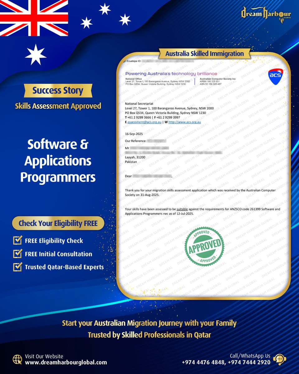 DreamHarbourG's tweet image. 🏆Success Story: Skills Assessment Approved! ✅
🎉#Congratulations to our #Australia #Migration client on receiving a #Positive #Skills #Assessment Result in #Qatar for the occupation of #SoftwareandApplicationsProgrammers #ANZSCO 261399