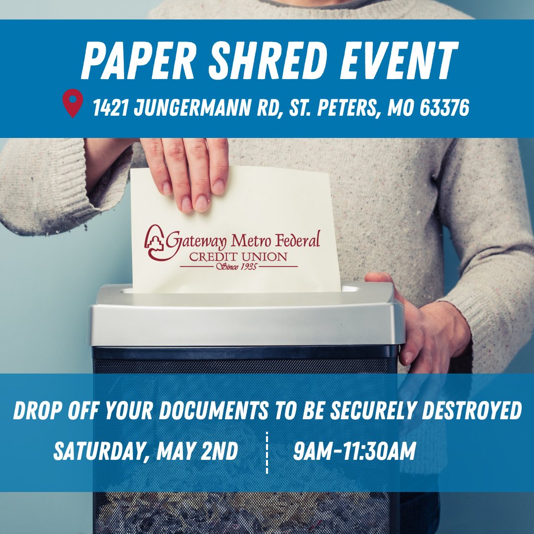 GatewayMetro's tweet photo. 🗑️✨ Shred the clutter this spring! Join us May 2nd at our St. Peters branch from 9–11:30am for our FREE Shred Event. Safely destroy paper documents + enjoy games &amp; prizes inside! 🎉🔐
#ShredEvent #SpringCleaning #SecureShredding #CommunityEvent #StPetersMO #PaperShredding https://t.co/74pB8bjpNn