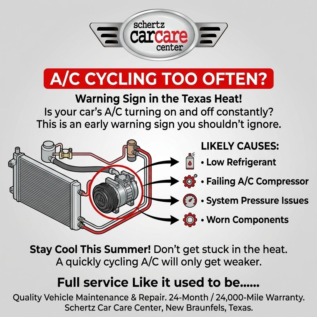 Schertzccc's tweet image. If your car A/C keeps cycling on and off more than normal, it may be an early sign the system is struggling in the Texas heat. #SCHERTZCARCARE #ACTips #CarAC #TexasHeat #AutoCare #NewBraunfelsTX #StayCool