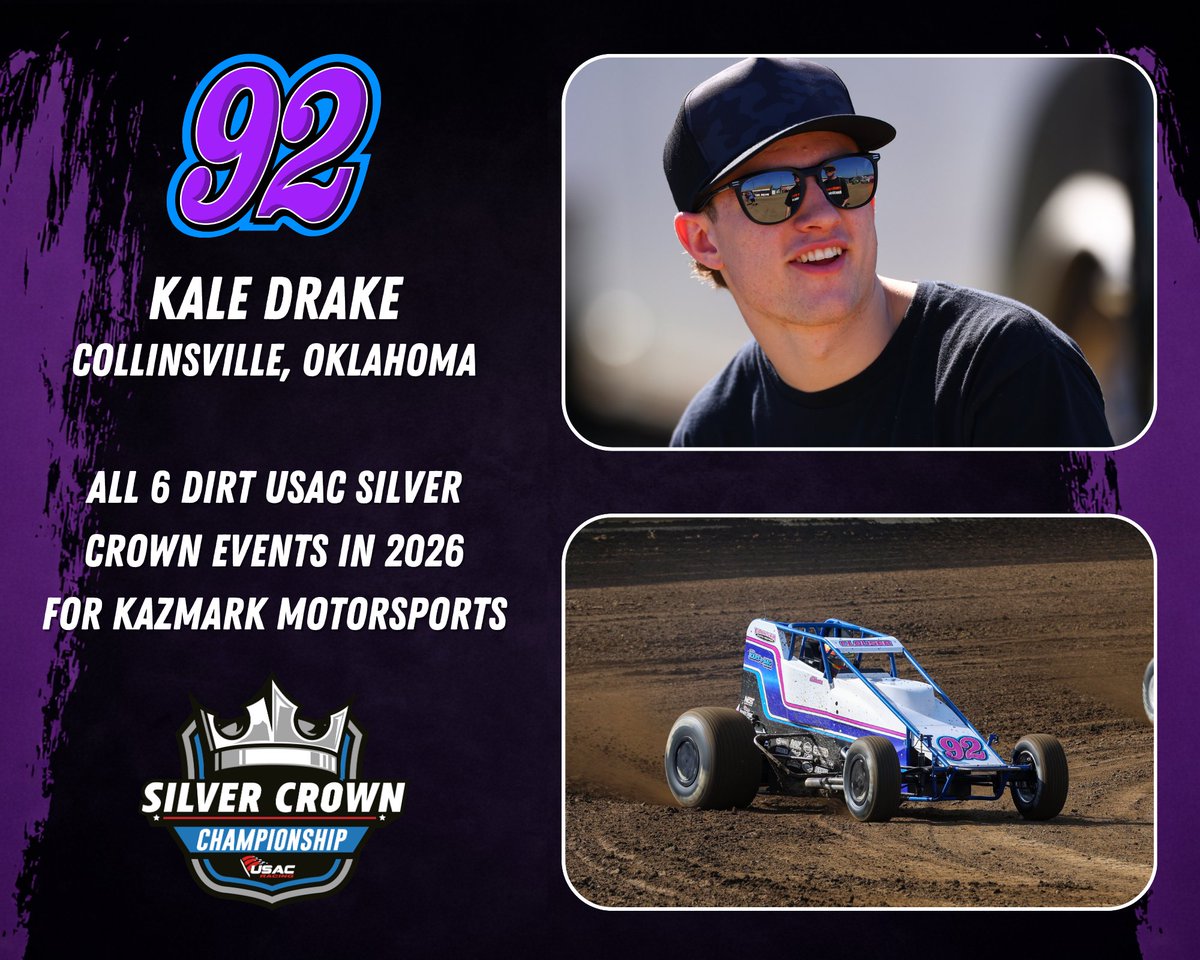 USACNation's tweet photo. 🚨 𝑫𝒓𝒊𝒗𝒆𝒓 𝑵𝒆𝒘𝒔! 🚨

@Kdrakeracing will drive the Kazmark Motorsports #92 at all 6 USAC Silver Crown events on dirt in 2026.

Drake will debut with the team on May 8-9 in the season opening #SaltCity100 at the @KansasStateFair in Hutchinson.

🎟️ https://t.co/mKr0mMfNmr https://t.co/ut2M2sB1Qt