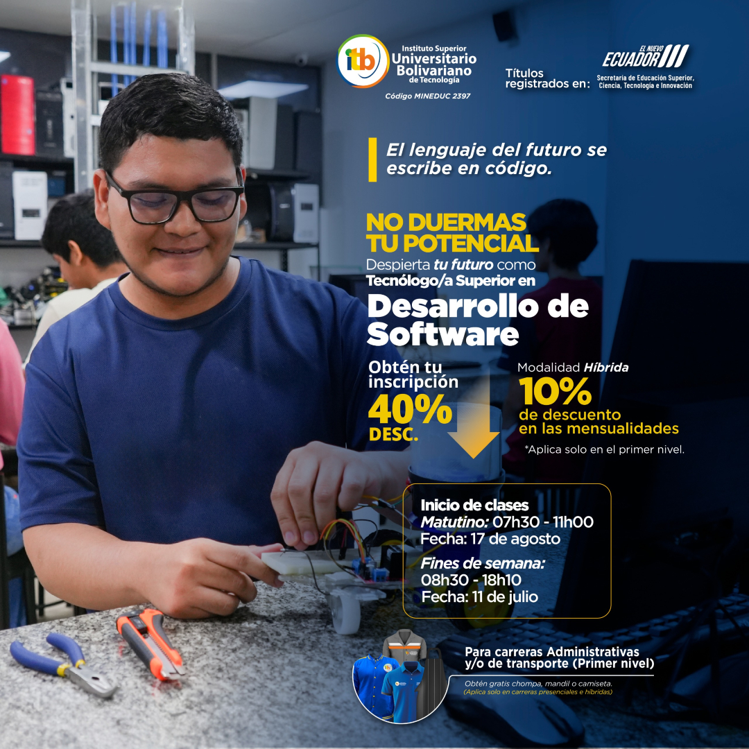 💻🚀Despierta tu futuro en Desarrollo de Software y aprende a crear soluciones, aplicaciones y sistemas que el mundo necesita.

👨‍💻 Programación desde cero
📊 Desarrollo de proyectos reales
🌎 Oportunidades laborales dentro y fuera del país

📅 Inicio de clases:
🕒 Matutino: 17 de