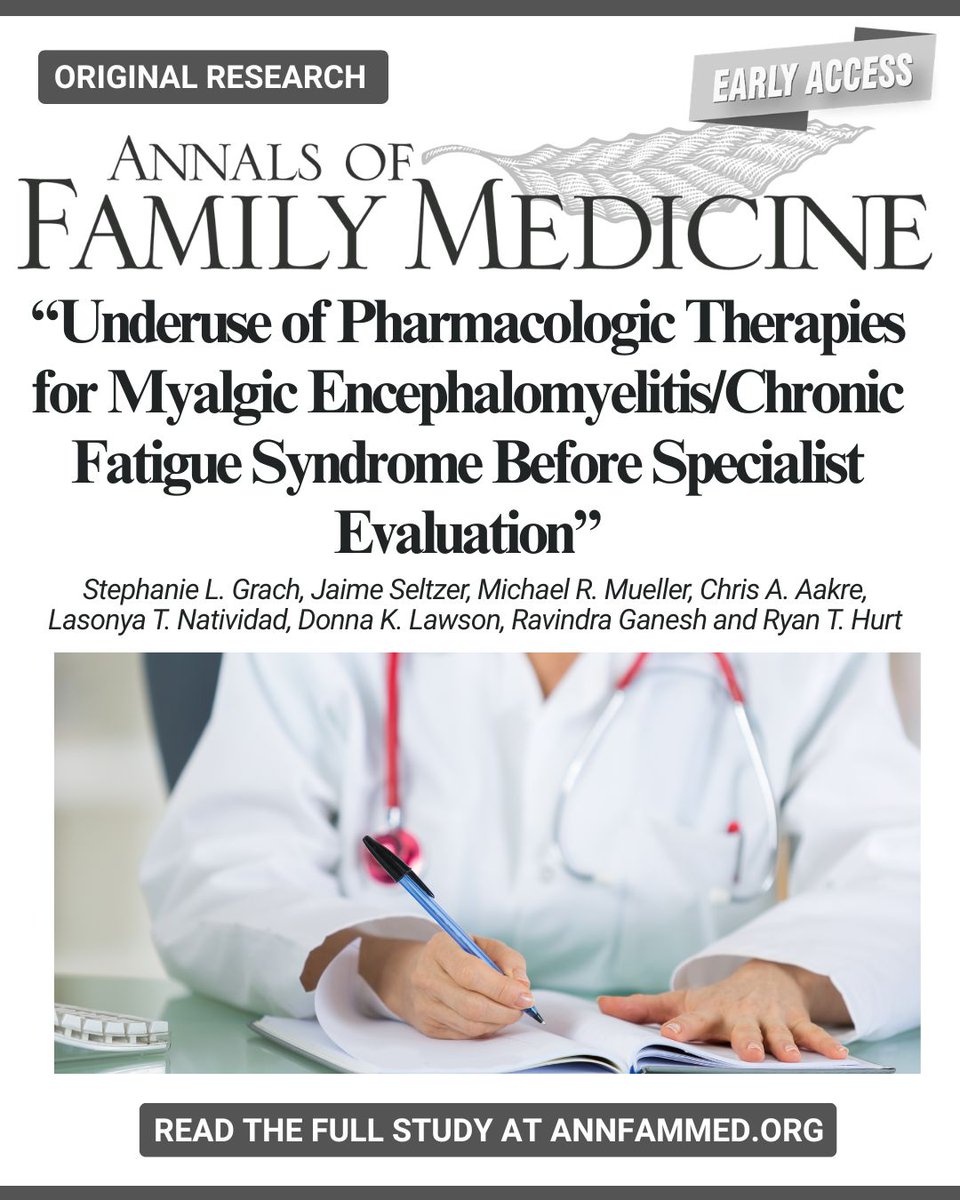 AnnFamMed's tweet image. Findings from a new study suggest potentially helpful medications used by myalgic encephalomyelitis/chronic fatigue syndrome (ME/CFS) specialists may be underutilized to treat ME/CFS in primary care.

Read this early access article here: doi.org/10.1370/afm.25…