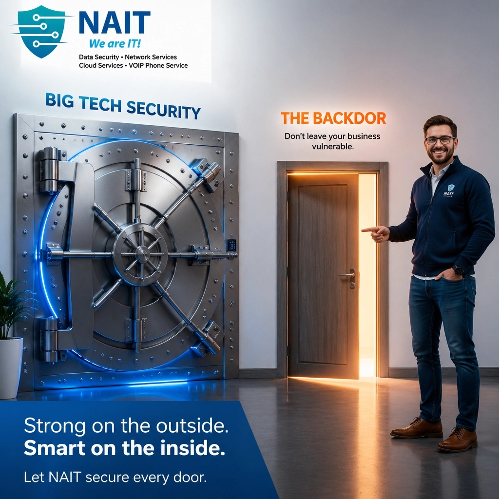 arizona_it's tweet image. Myth #2: Big tech partners keep me safe from everything. Reality: They often leave "backdoors" open. You need proactive monitoring to truly stay secure. We find what the big guys miss! #CyberSecurity #SmallBiz #TechTips