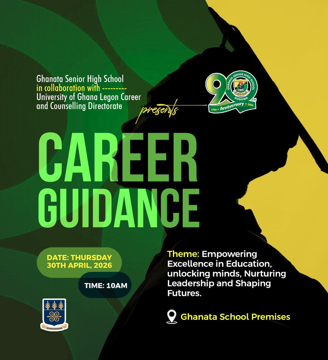GOSANational's tweet photo. 👨🏾‍⚖️👩🏽‍⚖️👨🏽‍🎨🧑🏼‍🎨👨🏽‍🔬👩🏽‍🔬👨🏽‍🔧👩🏼‍🔧👨🏽‍🎓👩🏽‍🎓👨🏾‍🍳👩🏽‍🍳
90TH ANNIVERSARY CAREER GUIDANCE

The entire Ghanata Community is called upon to come together to help build up the current generation through Career Guidance at the School Premises, Dodowa. 

‼️Date: Tomorrow Thursday 30th April, 2026
‼️ Time: 10:00am https://t.co/2xElkWZV35