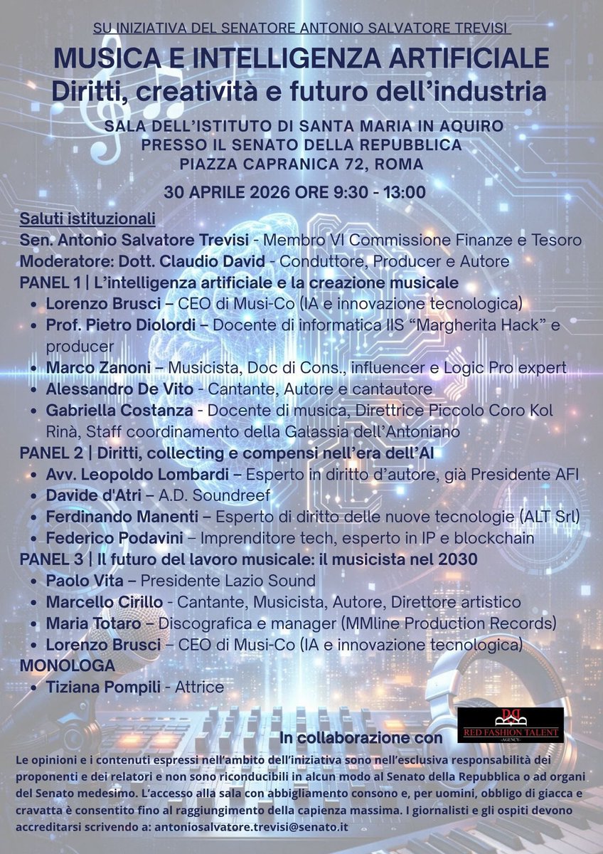 Domani Marcello prenderà parte a un evento di grande prestigio presso il Senato della Repubblica.Dalle 9.30 alle 13.00,nella Sala dell’Istituto di Santa Maria in Aquiro,si terrà l’incontro dal titolo “Musica e Intelligenza Artificiale:diritti,creatività e futuro dell’industria”.