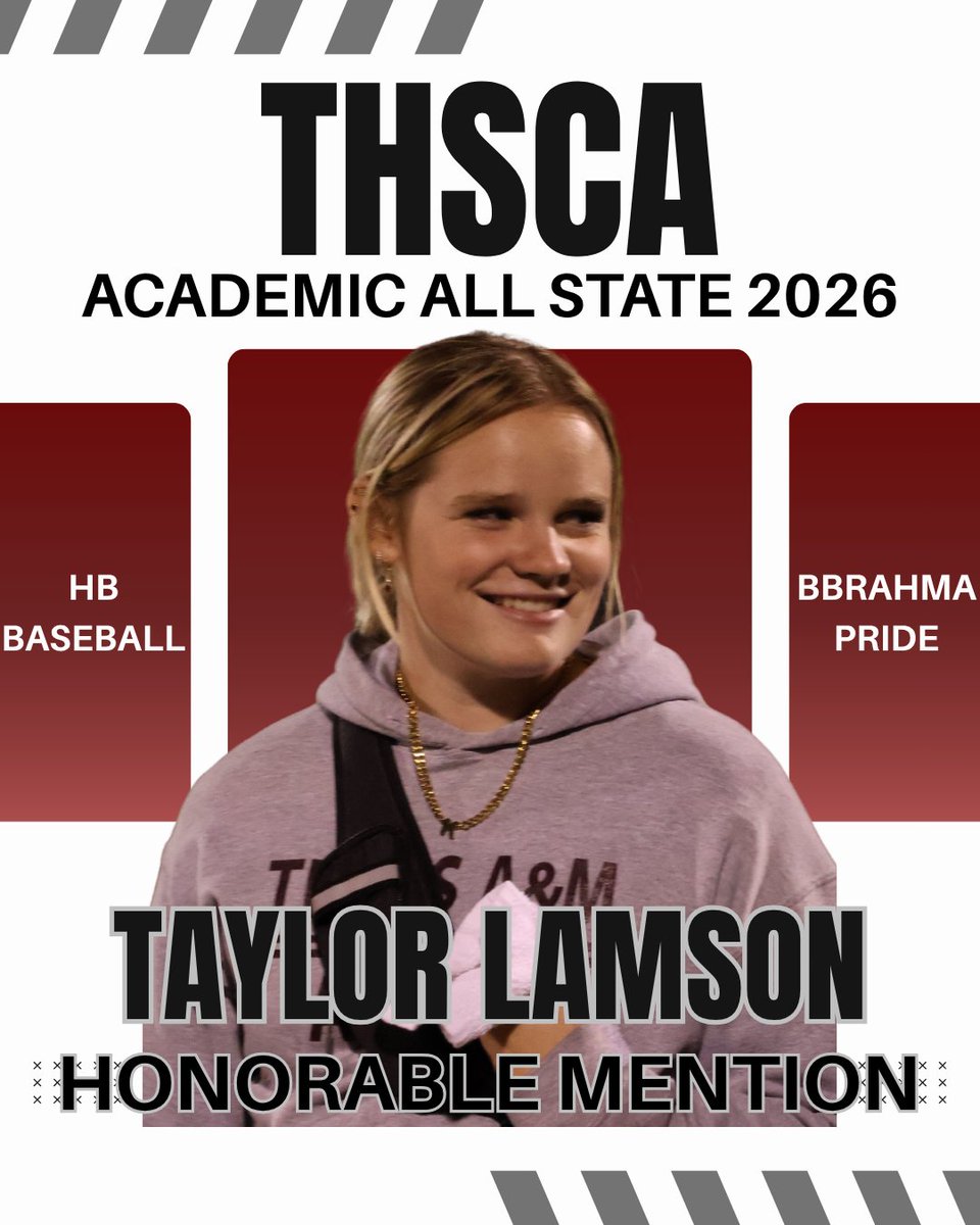 BrahmasBsbCoach's tweet photo. Congrats to HB baseball manager Taylor Lamson for being named to the THSCA Academic All-State Honorable Mention team!

#brahmapride  #3 #WalmartAllState
@hbteams @THSCAcoaches https://t.co/mCggFUPJIq