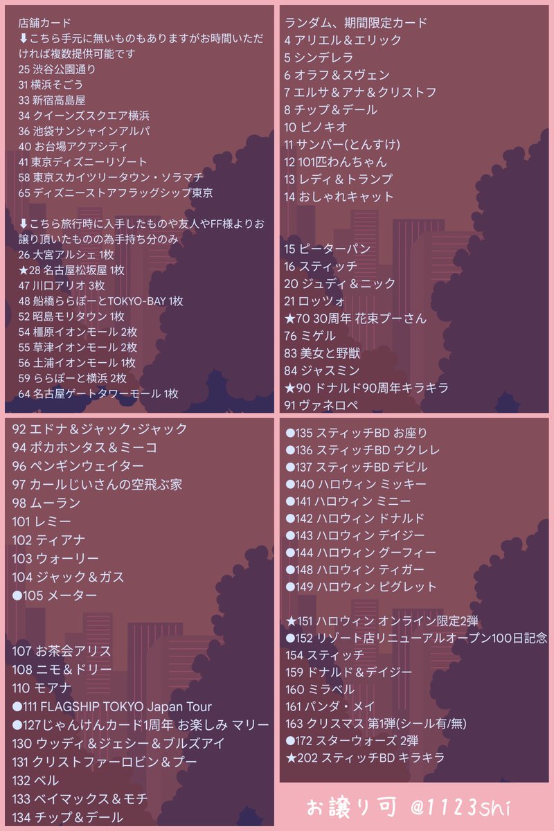 1123shi's tweet photo. 【交換】ディズニーストア じゃんけんカード

求)1枚目
譲)2,★3枚目
★と3枚目は★とのみ。
求●は3-2:1程度で可能、場合によりお断りする場合あります。
お声がけ頂けましたら確認のため都度画像送らせていただきます。

郵送は纏めての方優先。
お気軽にお声がけ下さい。 https://t.co/YgdbgWHLj3