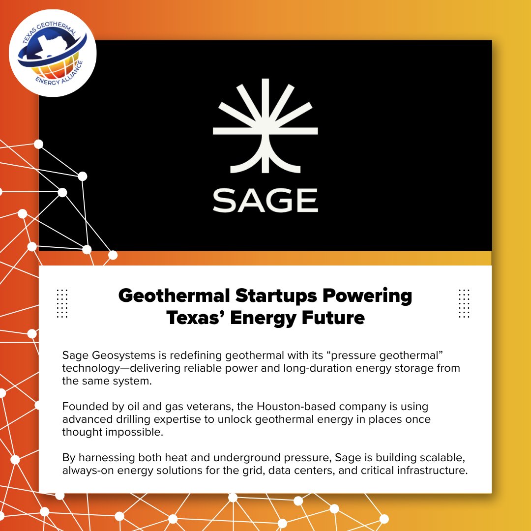 txgeothermal's tweet photo. Texas is emerging as the center of next-generation geothermal innovation—driven by deep oil and gas expertise.

Geothermal entrepreneurship has entered a true renaissance, with a rapidly expanding startup ecosystem taking shape across the state.
Nearly 90% of these startups have launched in just the past two years, more than in the previous decade combined, with continued growth expected in the years ahead.

One of the leading startups in this space is @SageGeosystems, a Houston-based startup pioneering pressure geothermal technology designed to deliver reliable power and long-duration energy storage.
#geothermal #txenergy #energypolicy #cleanenergy #startup