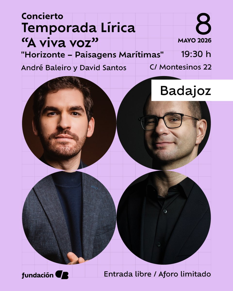 _FundacionCB's tweet photo. El barítono André Baleiro y el pianista David Santos ofrecerán un concierto dentro de la Temporada Lírica "A viva voz" 🎼

Este encuentro invita al público a embarcarse en un viaje marítimo a través del mundo de la canción de cámara.

📆8 de mayo
⌚19:30 horas
📌Montesinos 22 https://t.co/WUNmuL9NH8