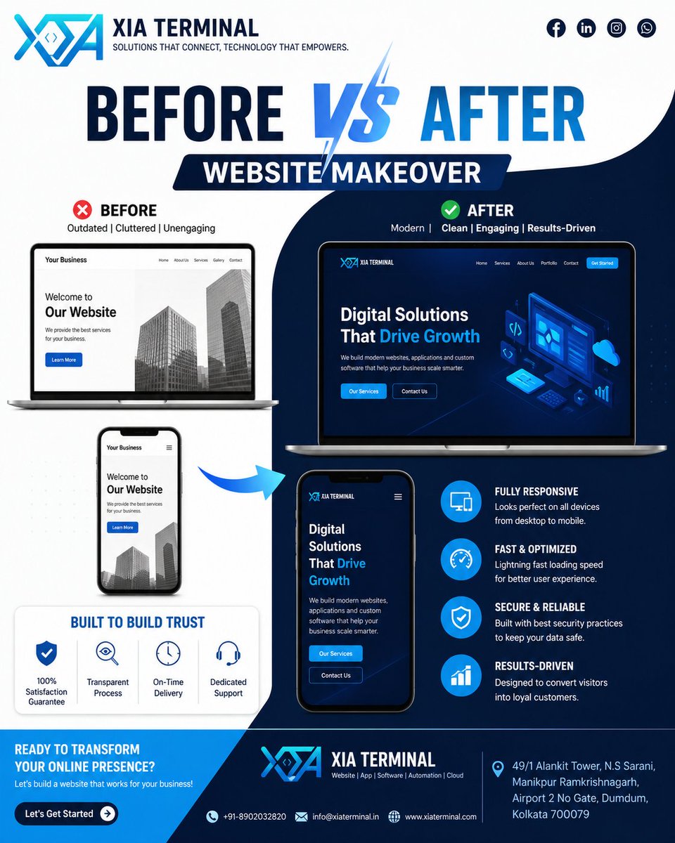 XiaTerminal's tweet image. Your website isn’t just design. It’s your first impression.

Outdated → Ignored
Modern → Converts

We turn “just a website” into a growth engine. 🚀
#WebDesign #Startup #SaaS #DigitalGrowth #XIATERMINAL