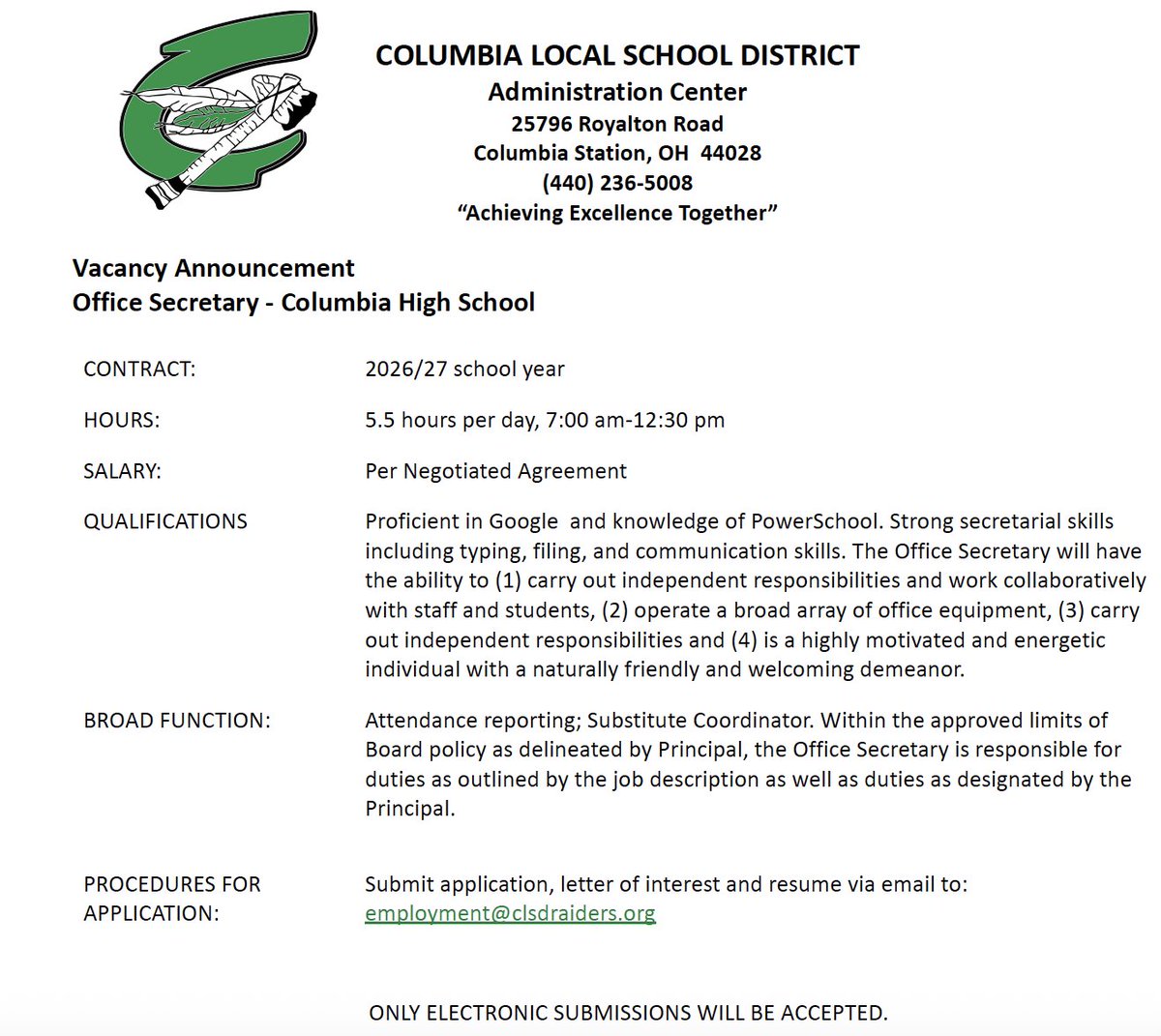 CLSD_Dir_ofOps's tweet photo. Who wants to be a RAIDER!  Columbia High School is looking for a 5.5 hr. secretary for the 26/27 school year.  This is a great opportunity to join an amazing team! 💚 https://t.co/CdTWzRgVpz