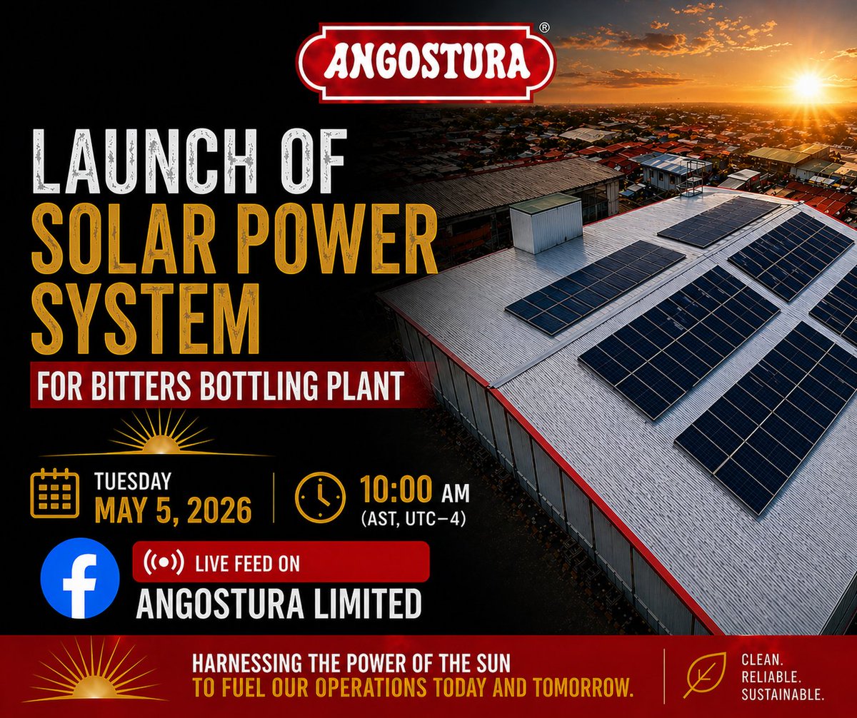 Angosturatt's tweet photo. We are going solar! ☀️ 
Join us as we launch our Solar Power System for our Bitters Bottling Plant, a major step in powering our operations for this global iconic product. 

📅 Tuesday, May 5, 2026 
🕙 10:00 AM (AST, UTC−4) 
🔴 LIVE on Facebook – Angostura Limited 

This milestone reflects our continued commitment to sustainability, reducing our carbon footprint while maintaining the quality the world knows and trusts.