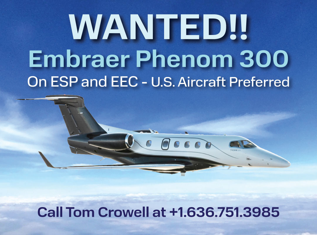 JetBrokers's tweet photo. Wanted!! Embraer Phenom 300 

✈️ On ESP and EEC
✈️ U.S. Aircraft Preferred
☎️ Call Tom Crowell at +1.636.751.3985.

#AircraftWanted #JetWanted @gladaaero #Phenom300 @paula_abci @embraer @EmbraerNews https://t.co/v2GNvg3P6A