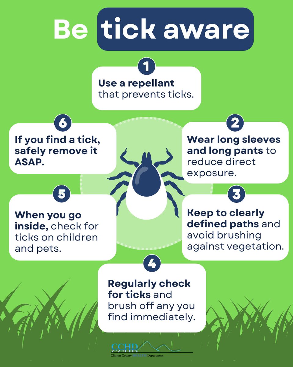 ClintonCountyHD's tweet photo. The best way to protect from tick-borne illnesses is to prevent tick bites. Learn more at
https://t.co/d1i7gfWL2R https://t.co/Gqfjqb1Dy3