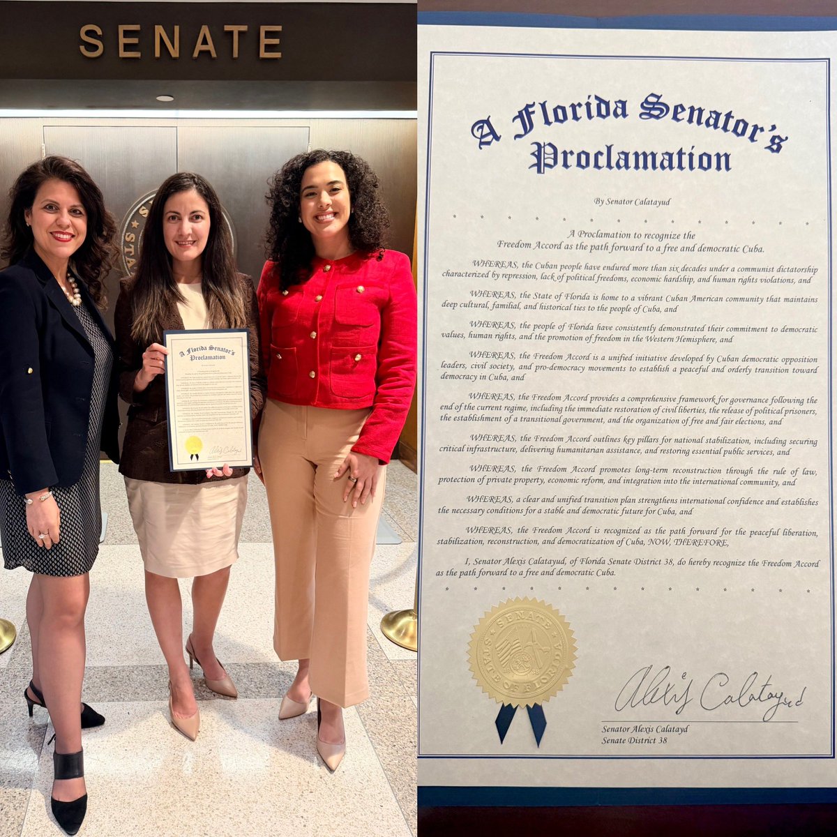 Gracias al <a href="/FLSenate/">Florida Senate</a> <a href="/AlexisMCalatayu/">Alexis Calatayud</a> <a href="/SenatorAMR/">Ana Maria Rodriguez</a> por proclamar al Acuerdo de Liberación como el camino para la libertad y democracia en Cuba.
Un paso vital al reconocer que Cuba libre es del mayor interés para Florida, EE.UU. y el mundo.
Los cubanos tenemos un plan y la