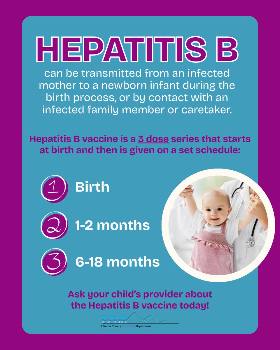 ClintonCountyHD's tweet photo. Infants infected have a higher risk of being chronically infected or dying prematurely than other children or adults that become infected with hepatitis B. https://t.co/ni51Omc8ai