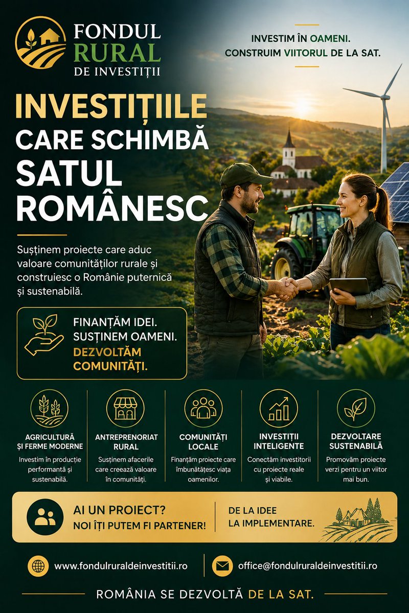 SmartVillage_Ro's tweet image. Satul românesc are potențial.

Are nevoie de investiții.
 Fondul Rural de Investiții

👉 fondulruraldeinvestitii.ro

#Investitii #SmartVillage #Romania