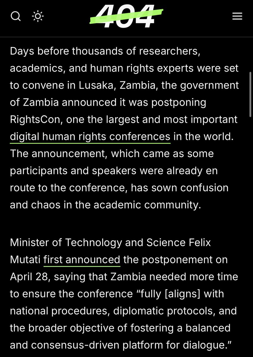 jason_koebler's tweet photo. Rightscon, the biggest human rights conference in the world, was just “postponed” by the Zambian government days before thousands of people from around the world were set to fly there https://t.co/V5KKN2FUH0