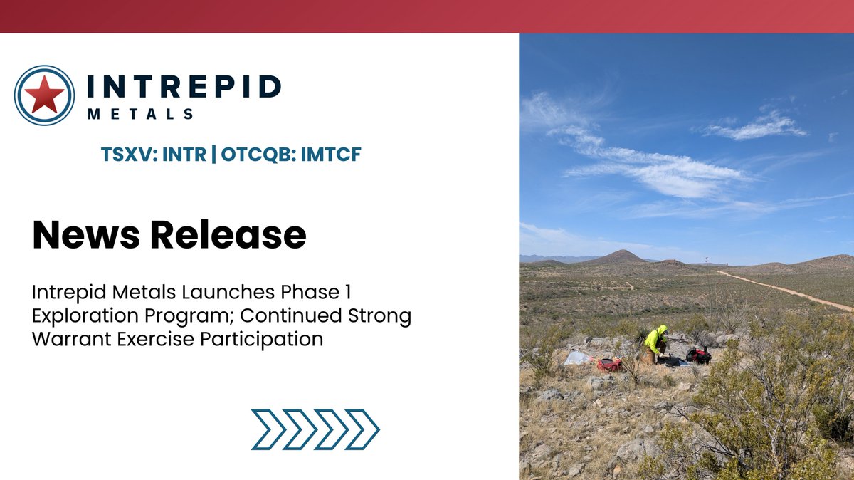 IntrepidMetals's tweet photo. Intrepid is back in the field at Corral Copper
Phase 1 exploration is underway - advancing toward a major 2026 drill program targeting both porphyry & CRD mineralization.
~C$19M raised since Dec
~98% warrant participation
Strong support. Strong treasury. Big year ahead.
Full release: https://t.co/sYV7SarsIN
#Mining #Copper #Exploration #CriticalMetal $INTR.V