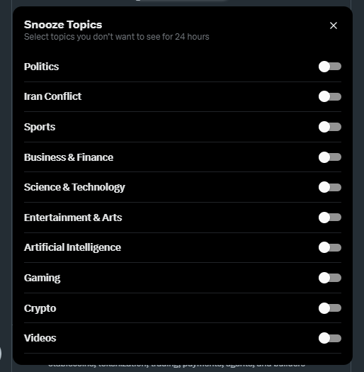 denispodd_17's tweet photo. be honest…

if you could mute ONE topic on X for 24h

what are you turning off first? https://t.co/l5OWqurf5P